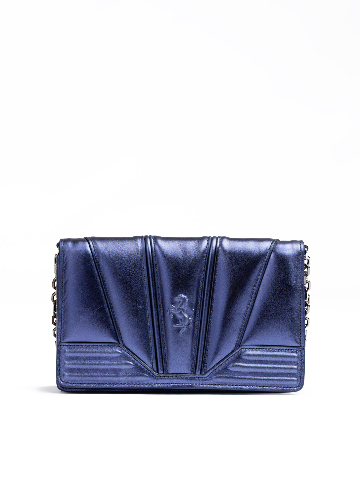 Ferrari - Metal blue GT patent leather bag with chain