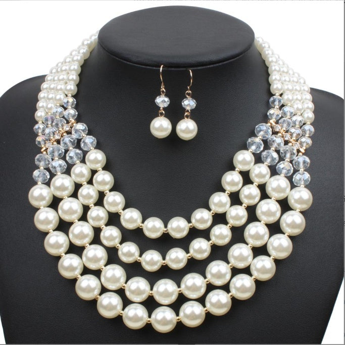 Velina – Crystal Pearl Long Necklace & Earrings Set