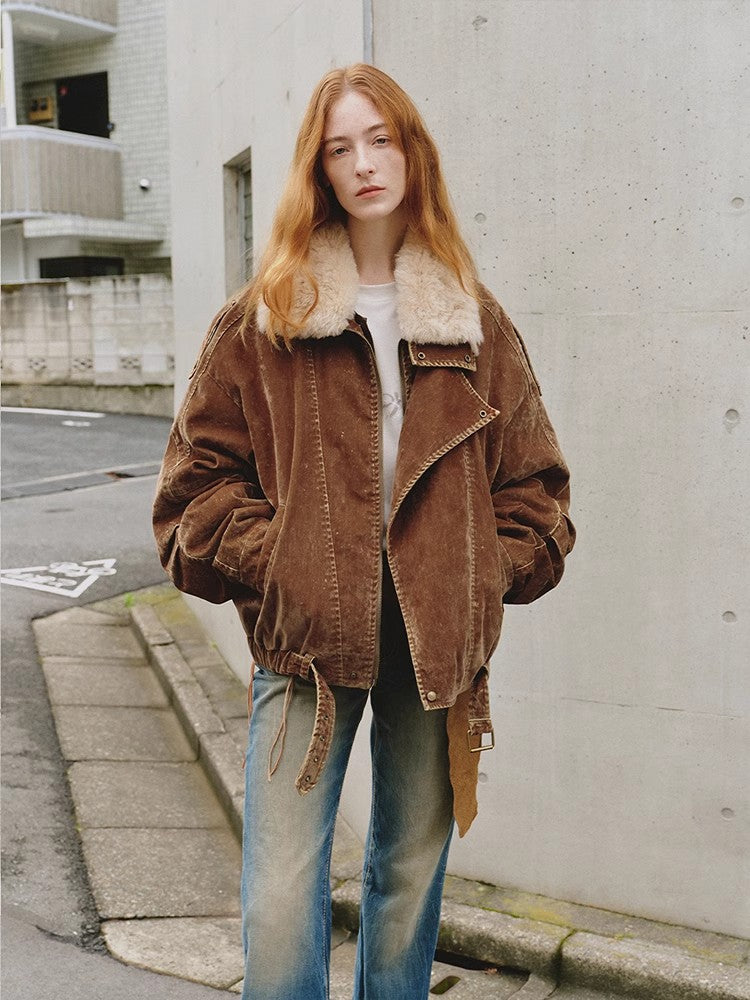 Fireladyfur Women's Distressed Denim Down Jacket | Wool Collar“City Travel”