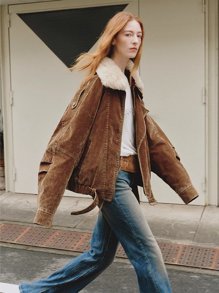Fireladyfur Women's Distressed Denim Down Jacket | Wool Collar“City Travel”