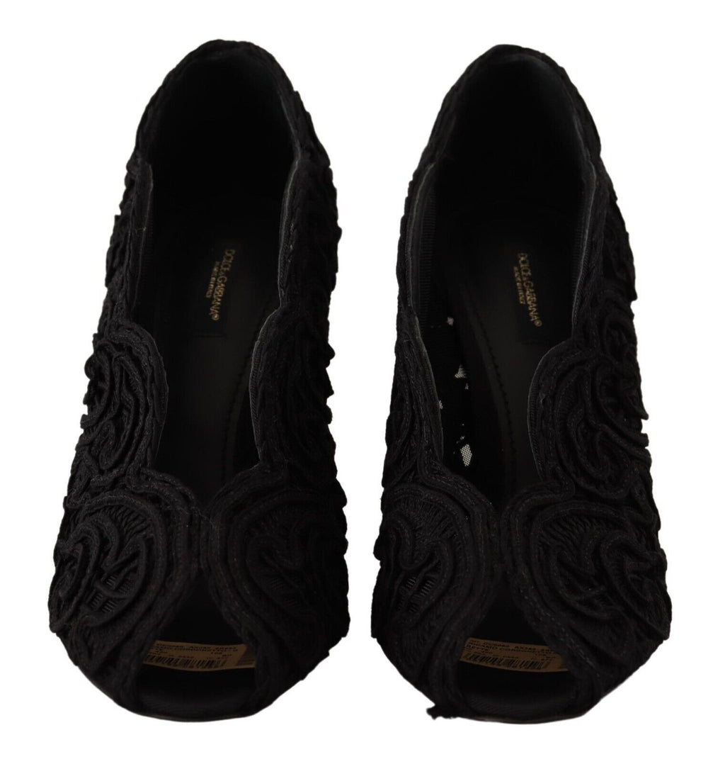 Dolce & Gabbana - Black Cordonetto Ricamo Pump Open Toe Shoes