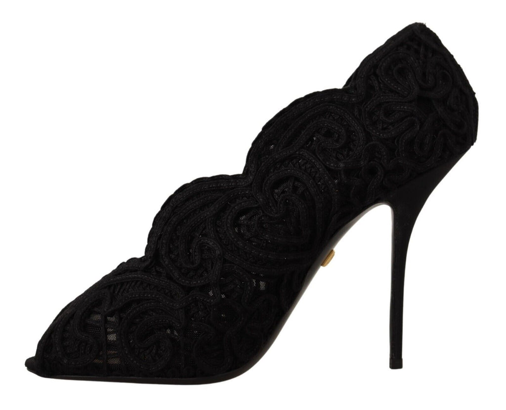 Dolce & Gabbana - Black Cordonetto Ricamo Pump Open Toe Shoes