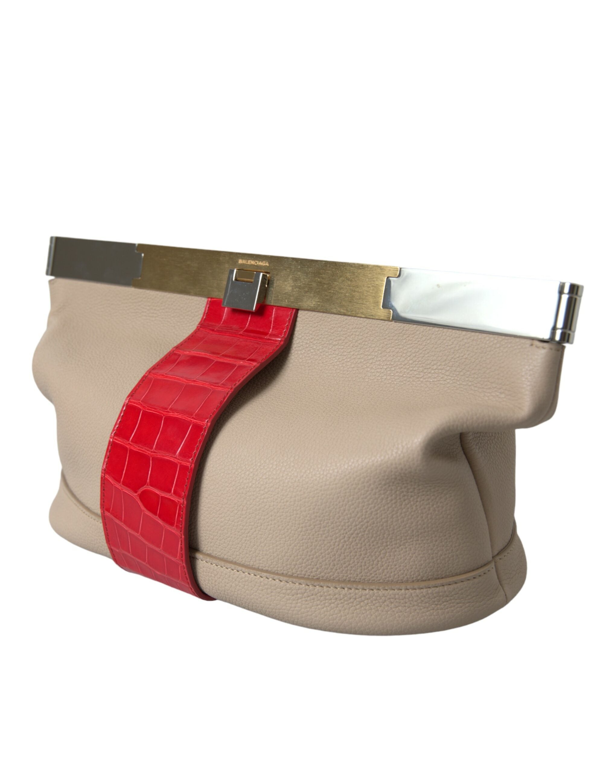 Balenciaga - Beige Red Two Tone Exotic Leather Pouch Bag