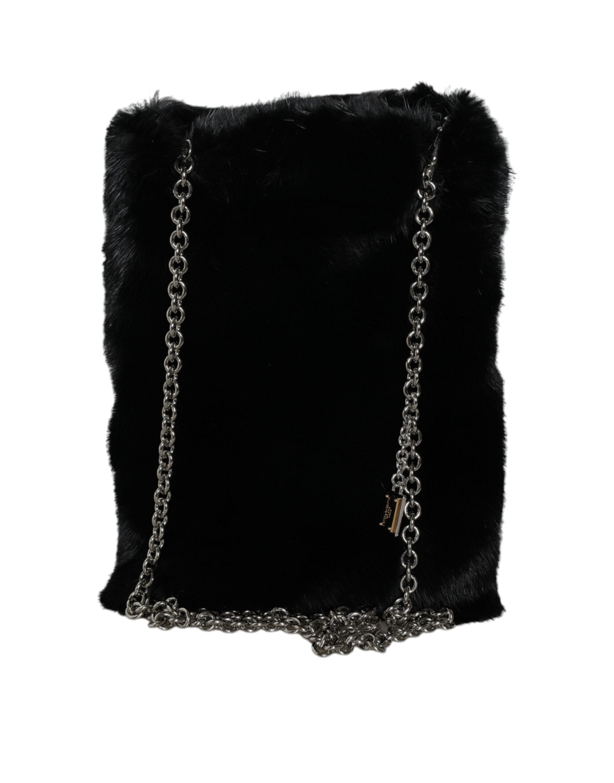Dolce & Gabbana - Black Faux Fur Silver Chain Crossbody Shoulder Purse Bag