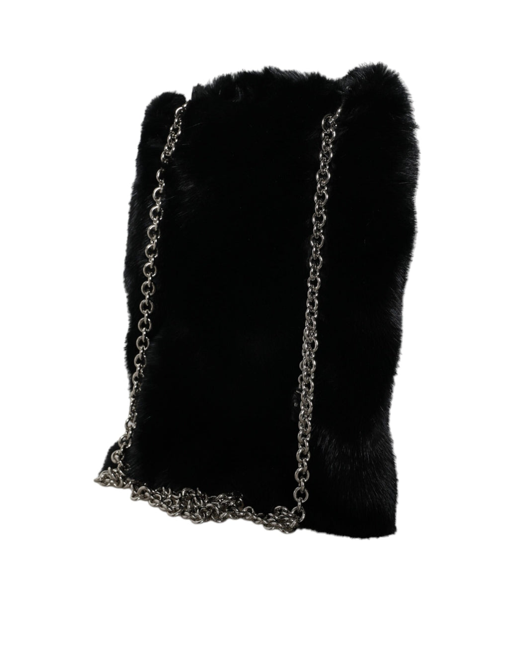 Dolce & Gabbana - Black Faux Fur Silver Chain Crossbody Shoulder Purse Bag