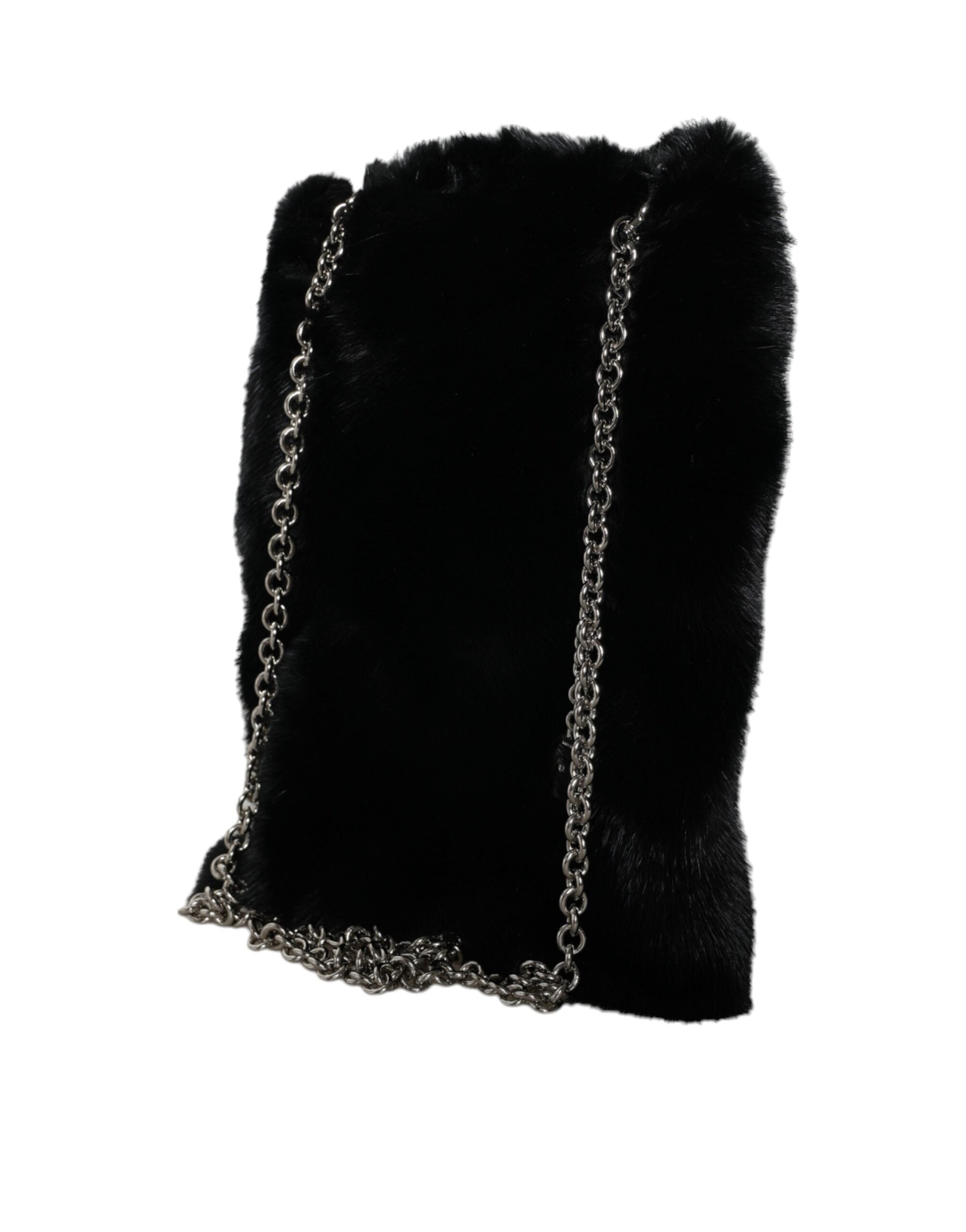 Dolce & Gabbana - Black Faux Fur Silver Chain Crossbody Shoulder Purse Bag