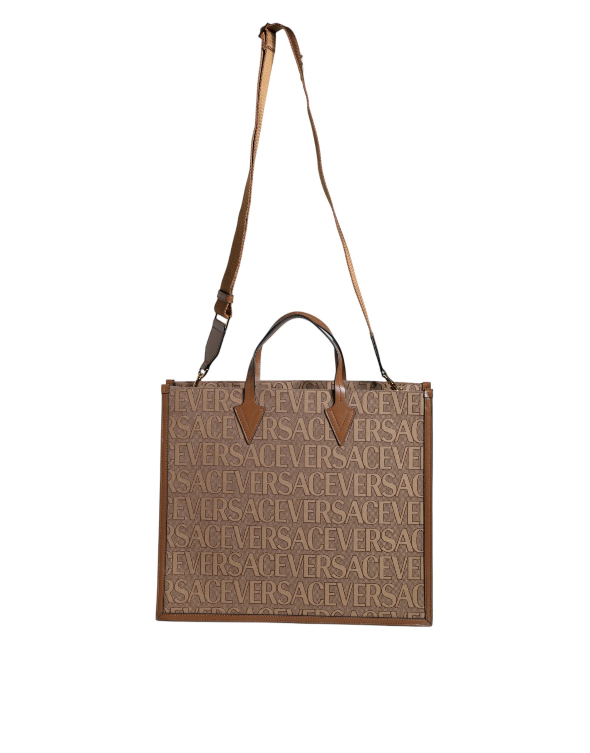 Versace - Allover Brown Top Handle Jacquard Leather Logo Crossbody Tote Bag