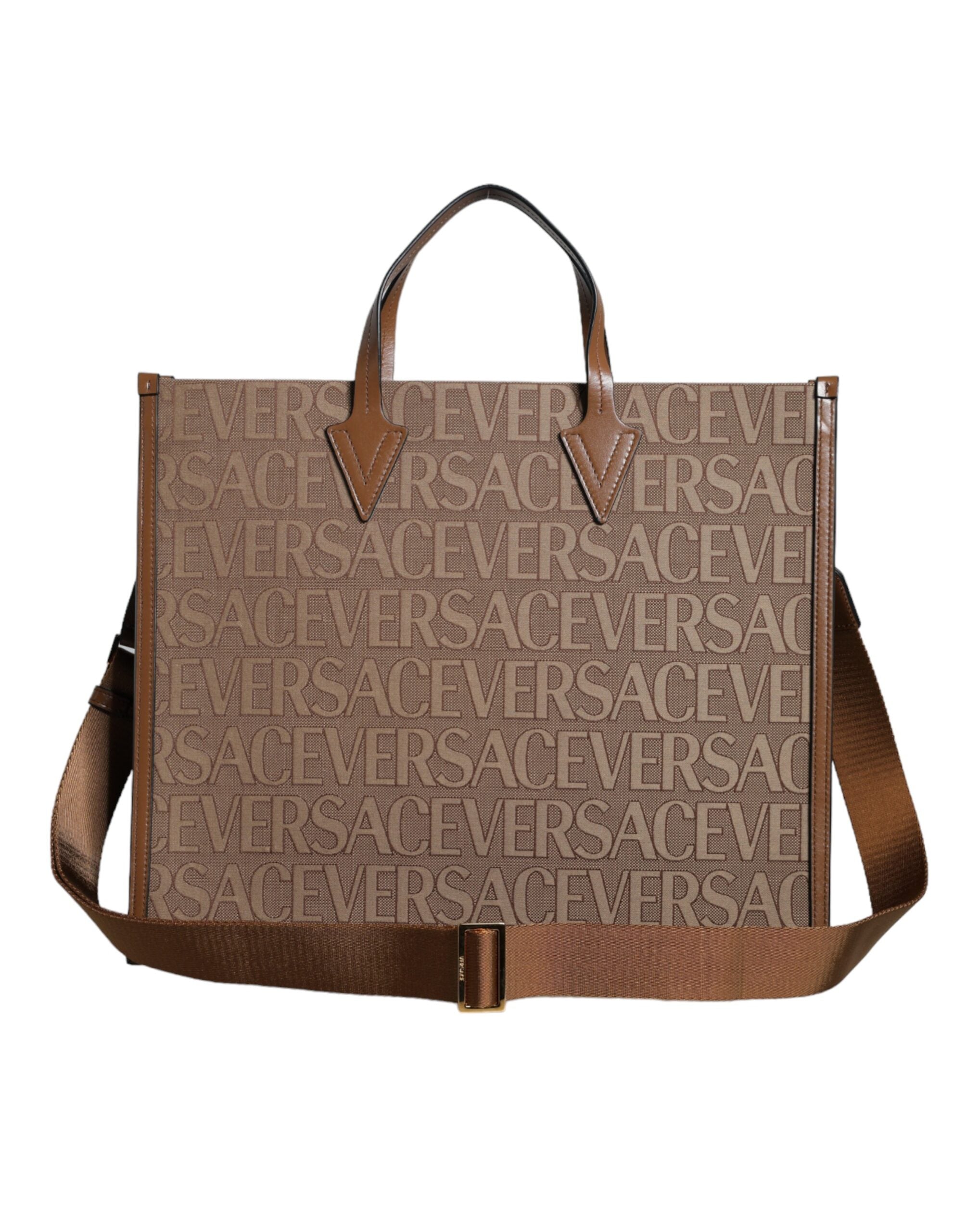 Versace - Allover Brown Top Handle Jacquard Leather Logo Crossbody Tote Bag