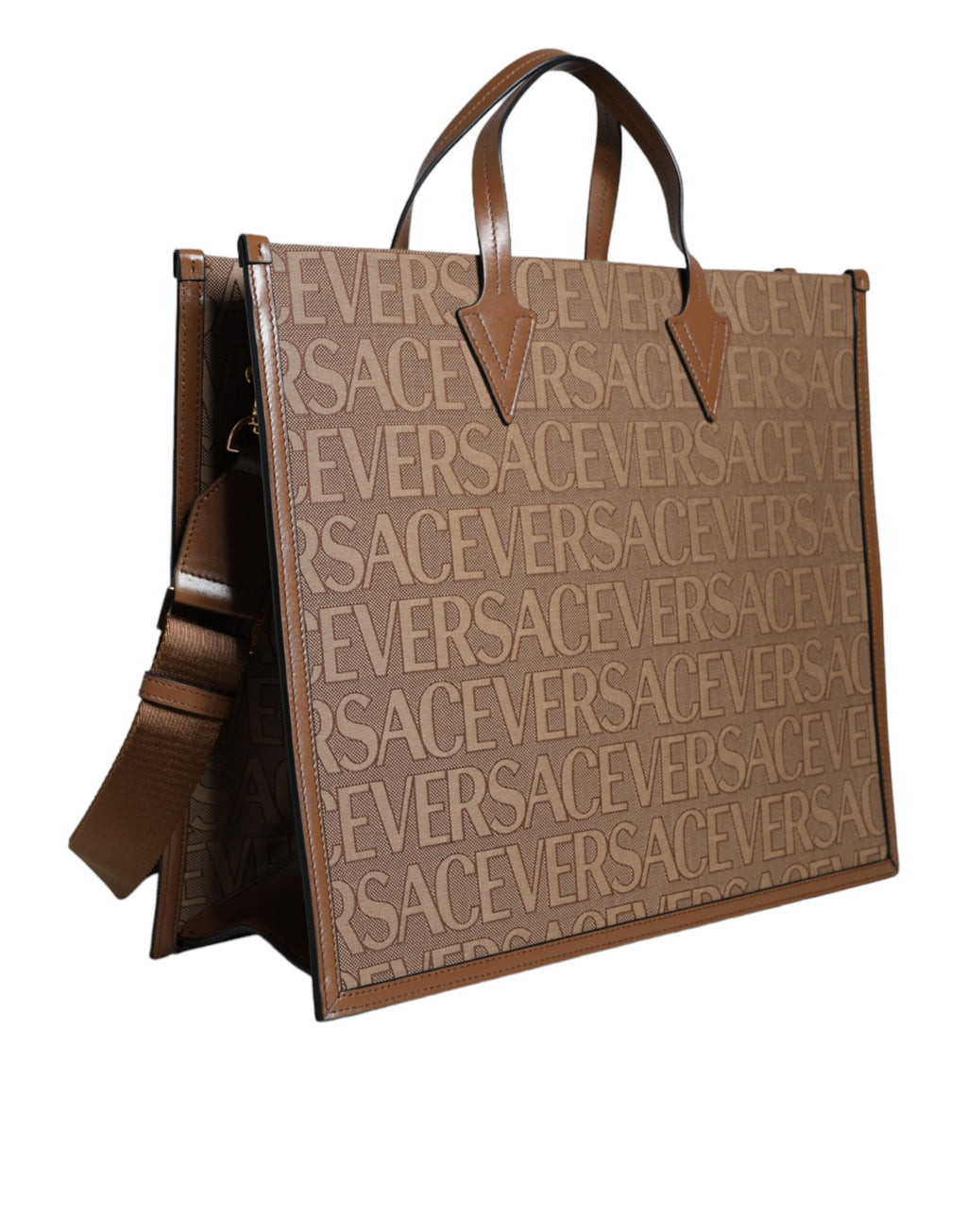 Versace - Allover Brown Top Handle Jacquard Leather Logo Crossbody Tote Bag