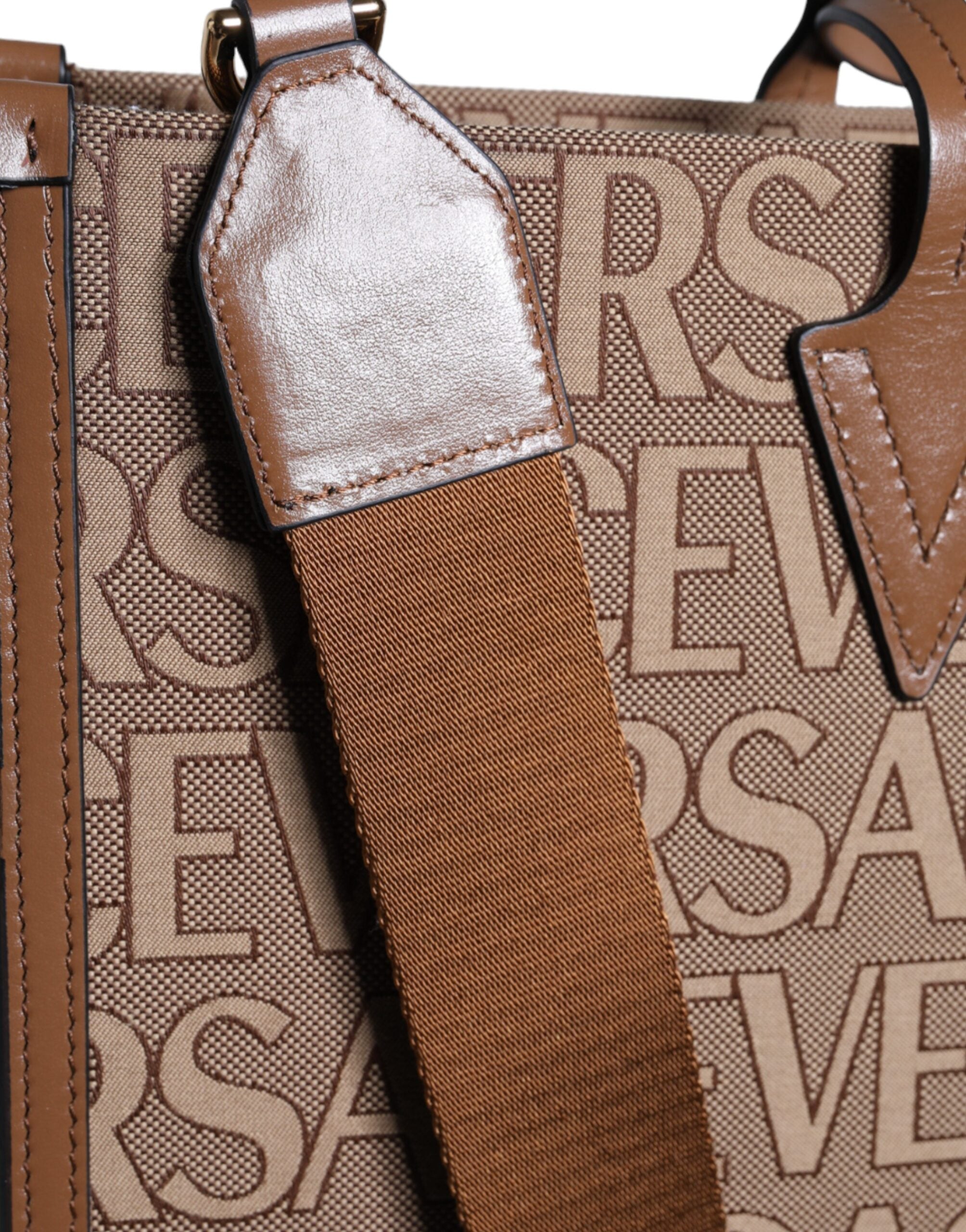Versace - Allover Brown Top Handle Jacquard Leather Logo Crossbody Tote Bag