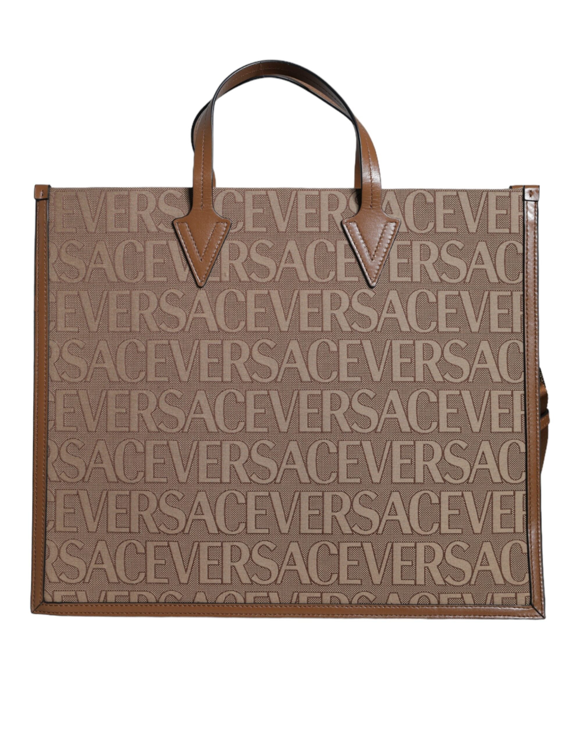 Versace - Allover Brown Top Handle Jacquard Leather Logo Crossbody Tote Bag