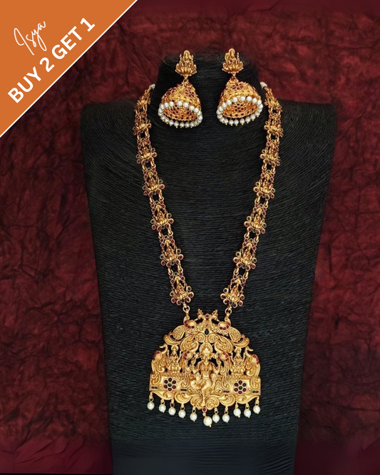 Bhavyatha – Lakshmi Pendant Matte Gold Long Temple Set