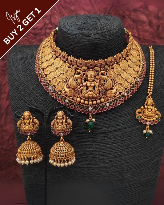 Dhanyashri – Lakshmi Coin Matte Gold Choker Set