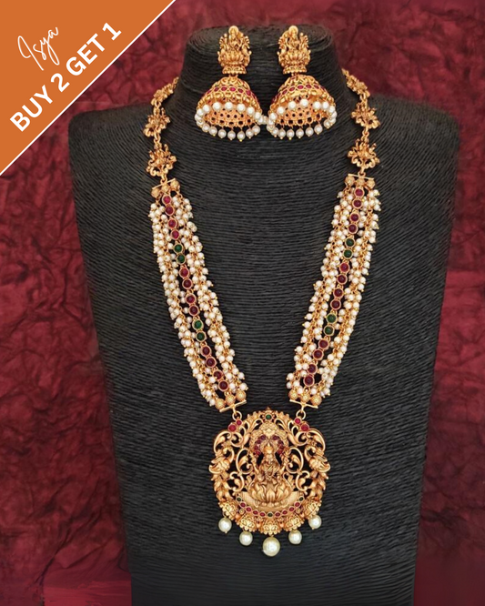 Kanakavalli-Lakshmi Matte Gold Long Temple Necklace Set