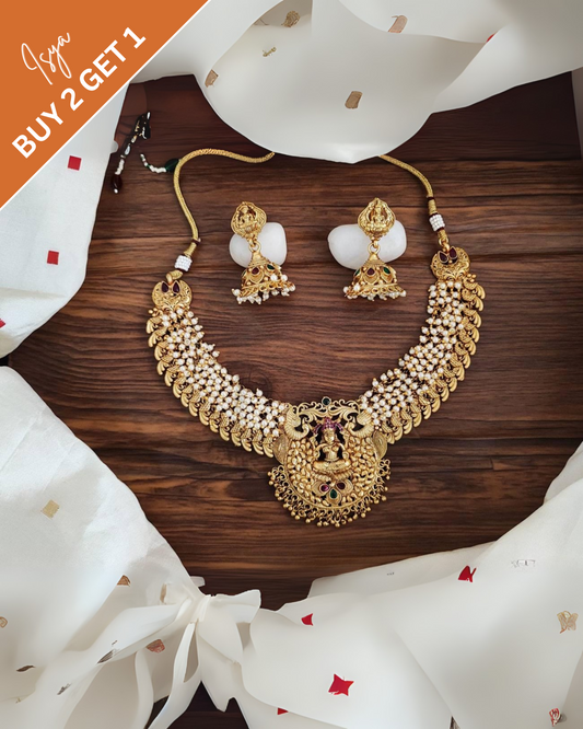 Trishika – Lakshmi Pearl Matte Temple Necklace Set