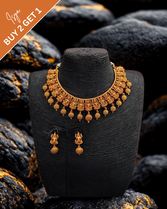 Vanshitha – Matte Gold Temple Party Wear Necklace Set